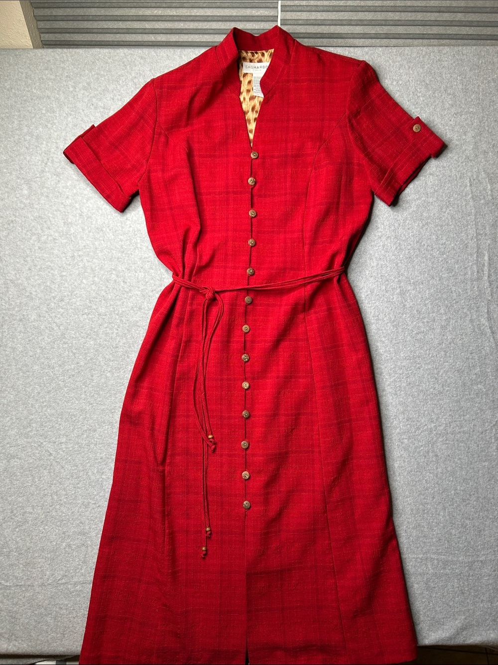 Sag Harbor Red Button-Front Midi Shirt Dress with Tie Belt